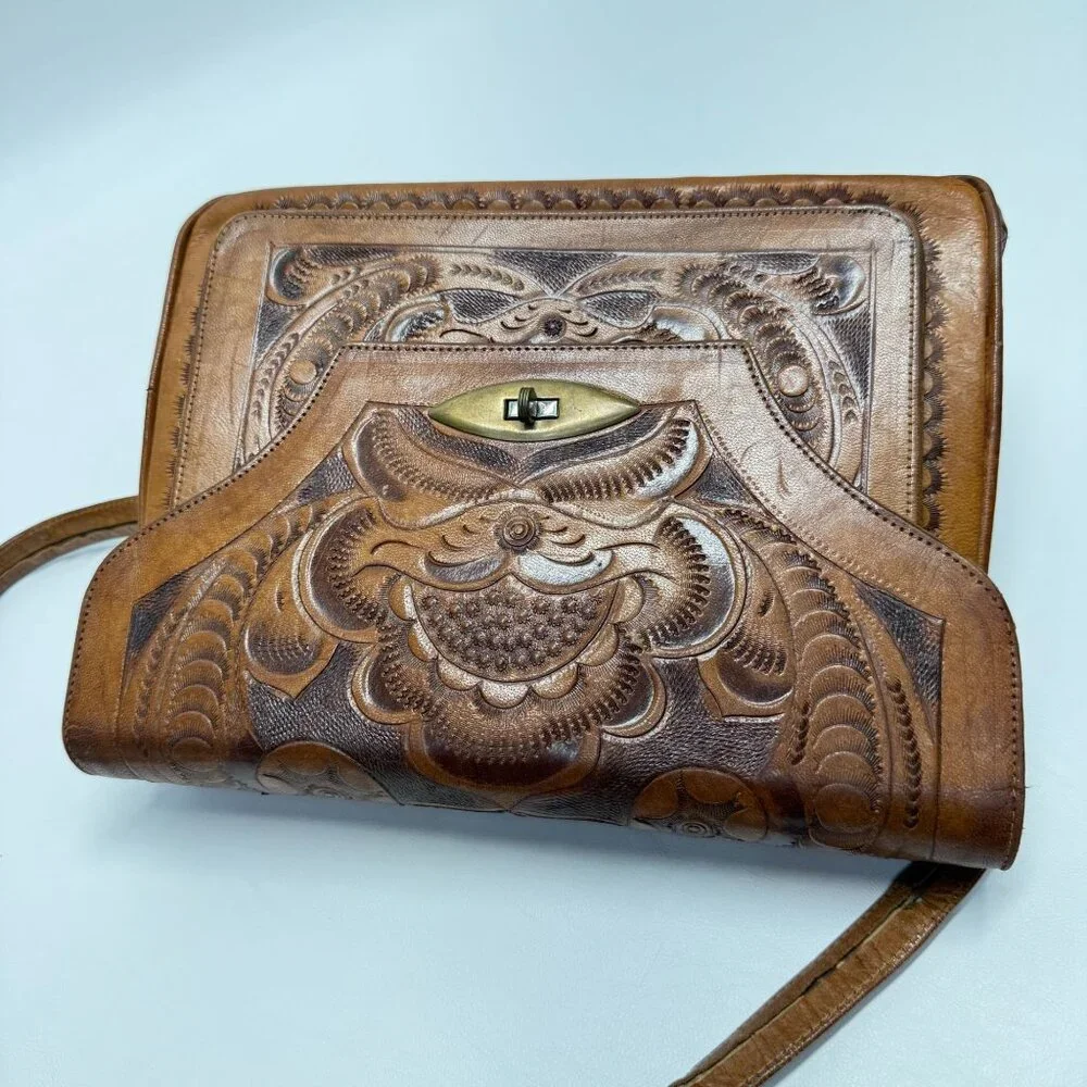 Vintage Hand Tooled Leather Shoulder Bag Made In Mexico Rose Flower - Picture 2 of 16